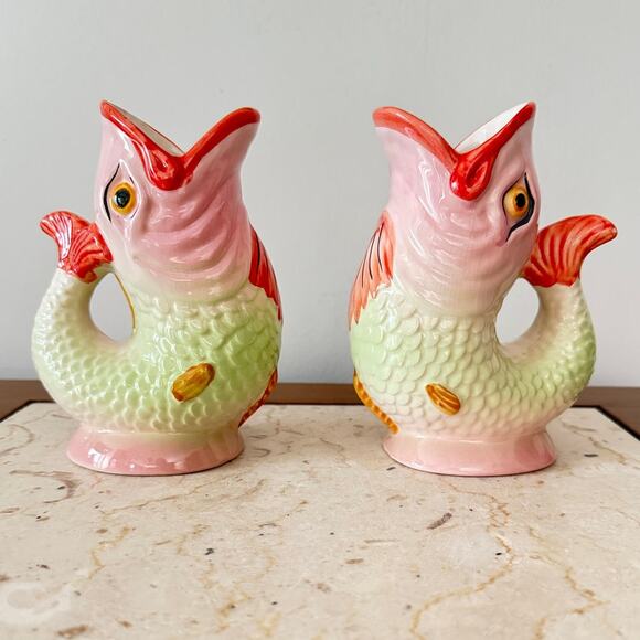 Neto + Gomes Majolica Fish Ceramic Pitcher Jug Vintage Portugal Pink Green Pair - Picture 1 of 11